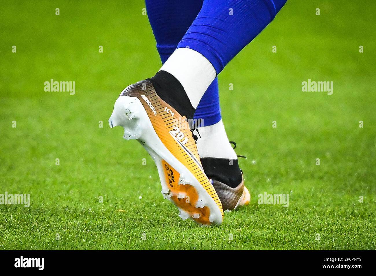 Kylian MBAPPE of PSG wears special Nike boots after becoming Paris  Saint-Germain top scorer with 201 goals during the training of the Paris  Saint-Germain team ahead of the UEFA Champions League football