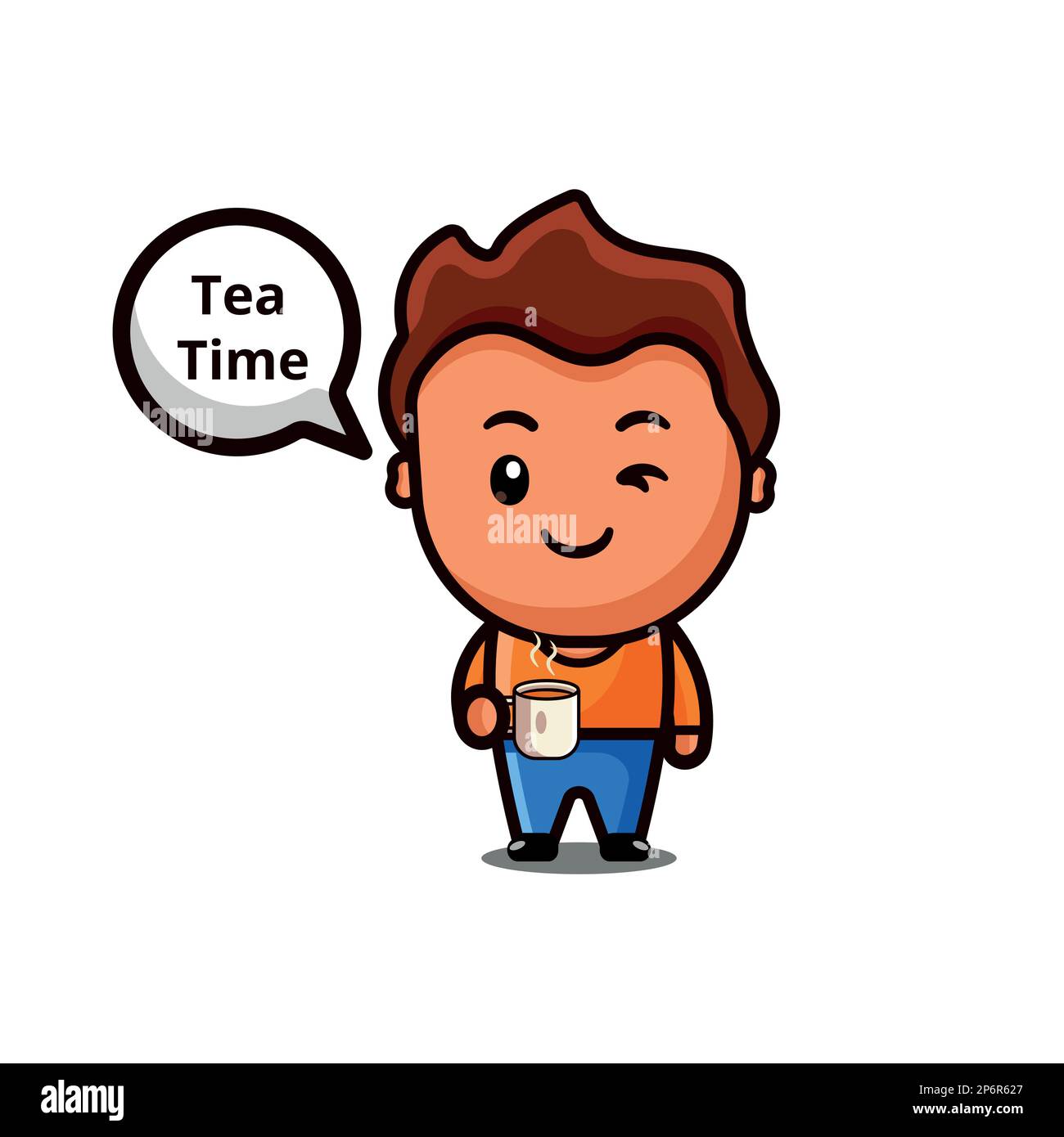 Cute boy Leo holding tea cup and enjoy tea vector icon. Stock Vector