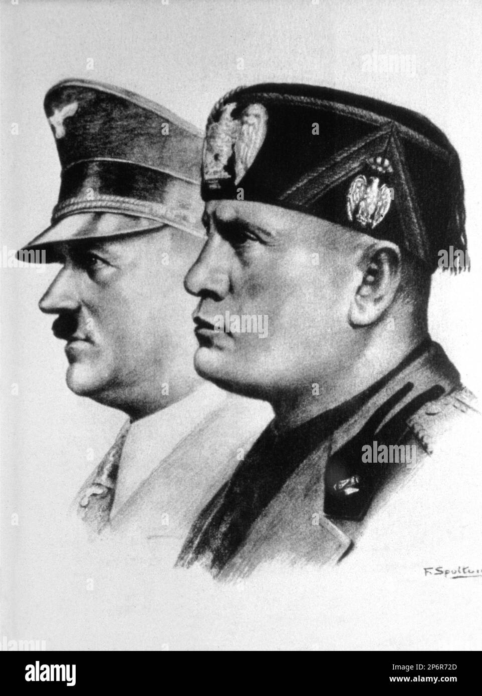 1930's, GERMANY  : The german dictator  ADOLF HITLER ( 1889 - 1945 ) with BENITO MUSSOLINI italian Duce . Artwork by F. Spoltore .- FASCISMO - FASCISM - FASCISTA - FASCIST - WWII - NAZI - NAZIST - SECONDA GUERRA MONDIALE - NAZISMO - NAZISTA - dittatore - baffi - moustache  - POLITICA - POLITICO - ritratto - portrait - military uniform - divisa uniforme militare   ---- Archivio GBB Stock Photo