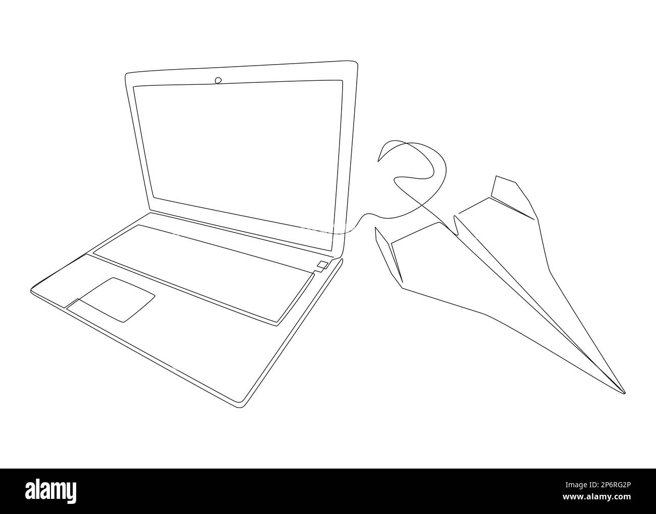 One continuous line of Laptop and Paper Airplane . Thin Line Illustration vector concept. Contour Drawing Creative ideas. Stock Vector