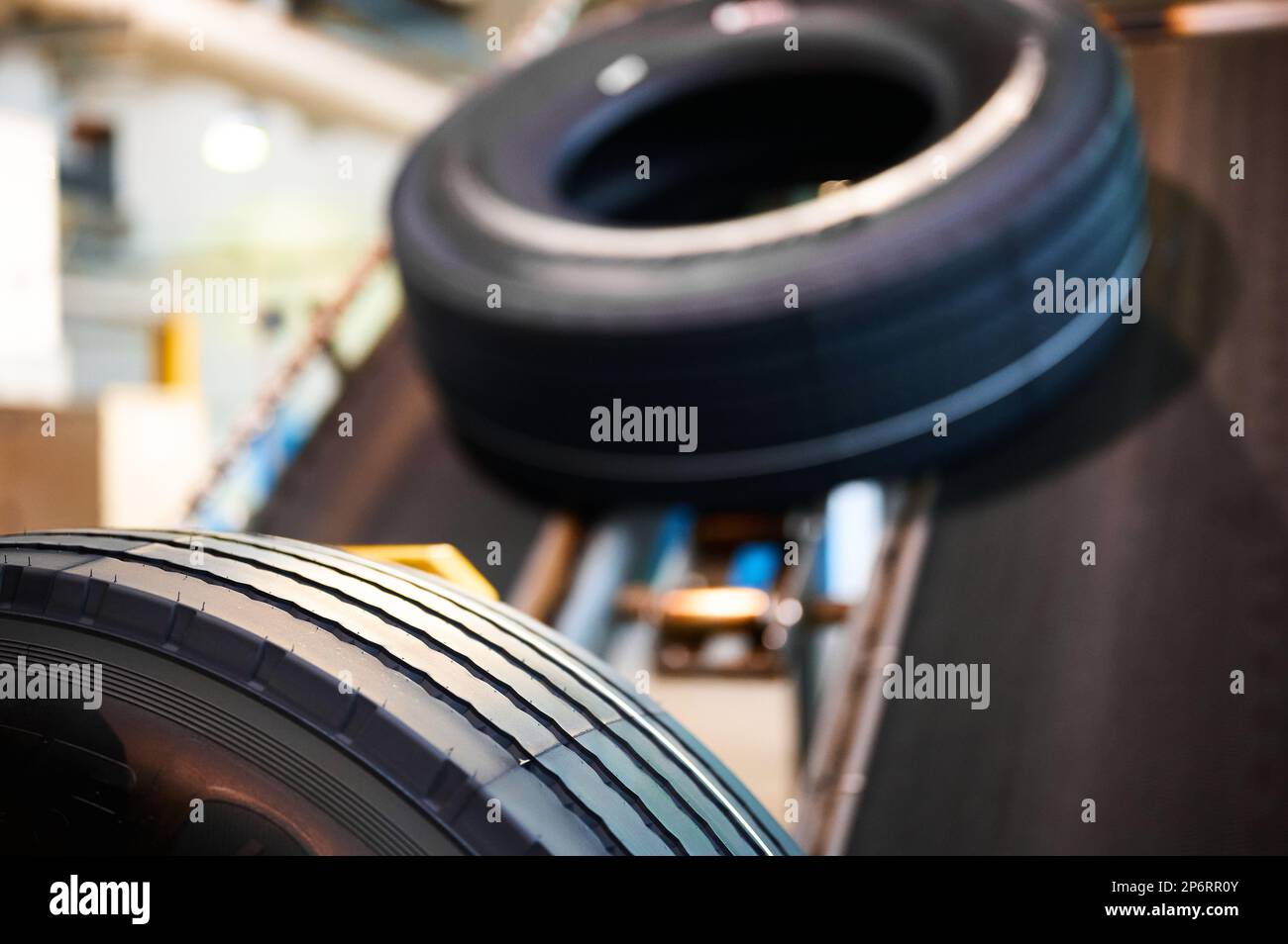 Stack of tires with markings red and yellow lines Stock Photo Alamy