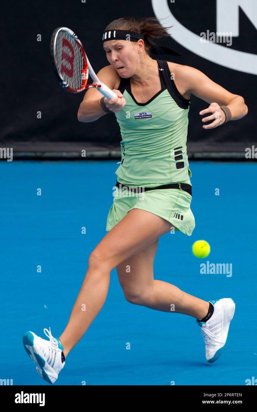 Lucie Hradecka of the Czech Republic returns to Zheng Jie of China in the  quarterfinal at the ASB Classic women's tennis tournament, Auckland, New  Zealand, Thursday, Jan. 5, 2012. (AP Photo/SNPA, David