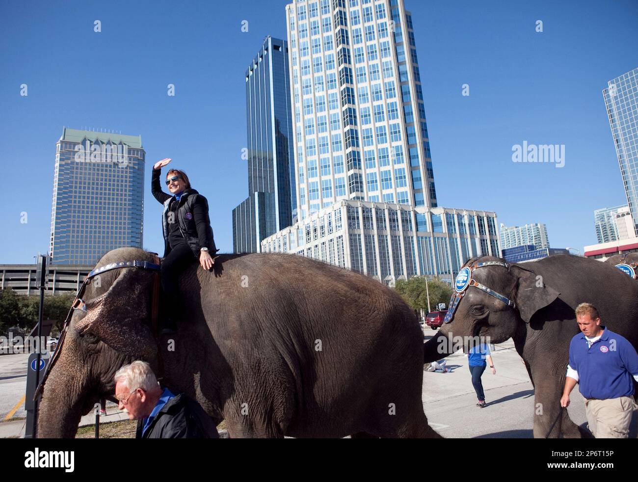 Bonnie Feld, the wife of Kenneth Feld, owner of Feld Entertainment, which  owns Barnum & Bailey Circus, rides atop Karen an Asian Elephant as she  leads a march of circus elephants to