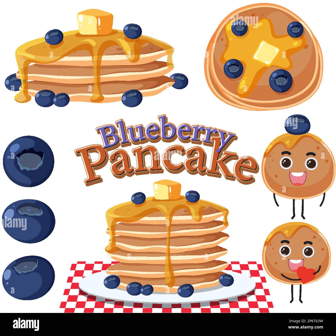 Blueberry pancake elements set illustration Stock Vector