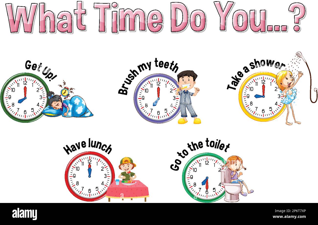 Daily routine with time and cartoon characters illustration Stock ...