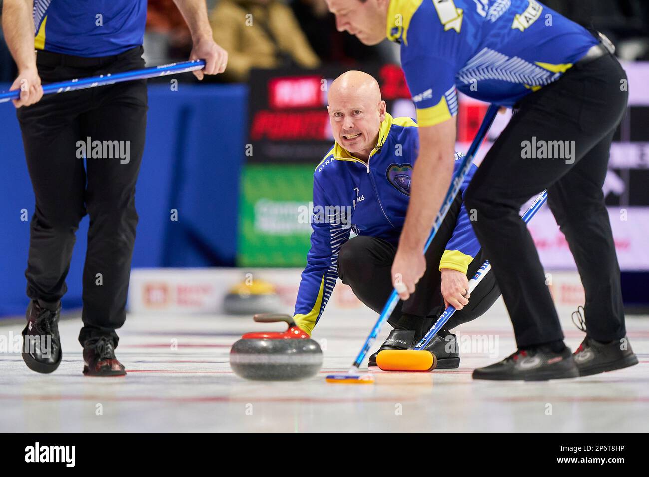 Alberta skip Kevin Koe reacts to his shot during a match against Nunavut at the Tim Hortons Brier curling event Tuesday, March 7, 2023, in London, Ontario