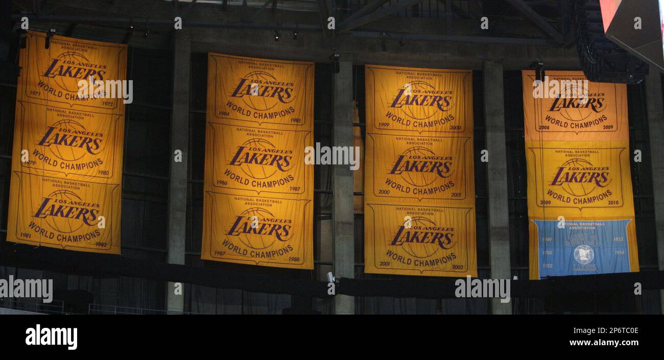 Championship banners hang from the rafters at the Staples Center in Los