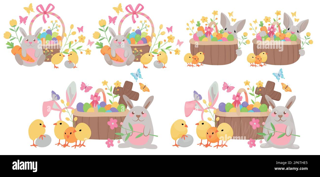 Cartoon vector illustrations for Easter holiday, with a cute cartoon bunny, egg basket, chicks, flowers and other Easter elements. Stock Vector