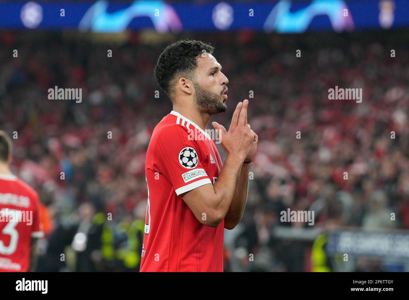 Lisbon, Portugal. 07th Mar, 2023. Goncalo Ramos from SL Benfica celebrates a goal during the Round of 16, 2nd Leg UEFA Europa League football match between SL Benfica and Clube Brugge KV at Estadio da Luz. Final score: SL Benfica 5:1 Clube Brugge KV Credit: SOPA Images Limited/Alamy Live News Stock Photo