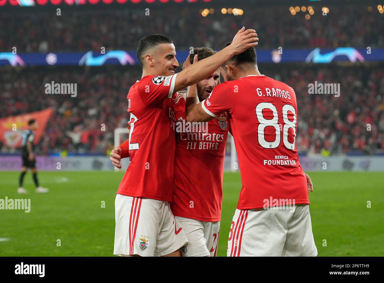 Lisbon, Portugal. 07th Mar, 2023. Rafa Silva from SL Benfica (C) and Goncalo Ramos from SL Benfica (R) celebrate a goal during the Round of 16, 2nd Leg UEFA Europa League football match between SL Benfica and Clube Brugge KV at Estadio da Luz. Final score: SL Benfica 5:1 Clube Brugge KV Credit: SOPA Images Limited/Alamy Live News Stock Photo