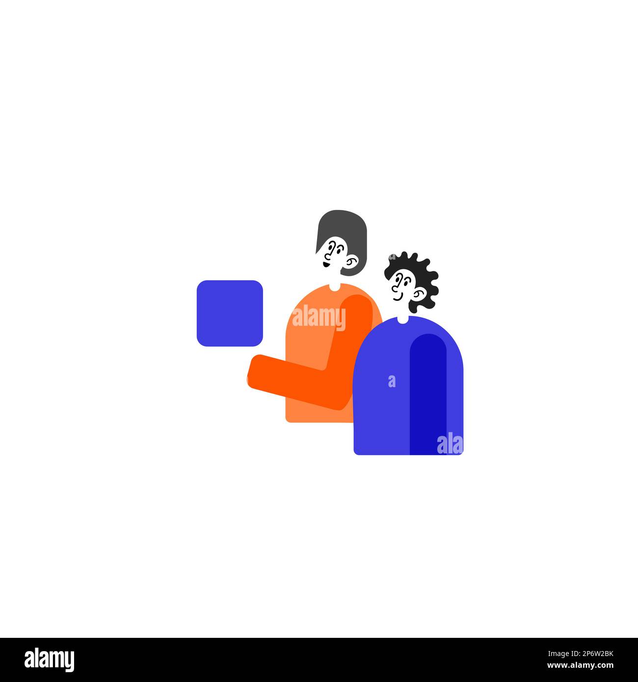 Colegues Discussing Business Planning. Two men friends chatting with Each Other. Showing business graphs on blank cube. Stock Vector