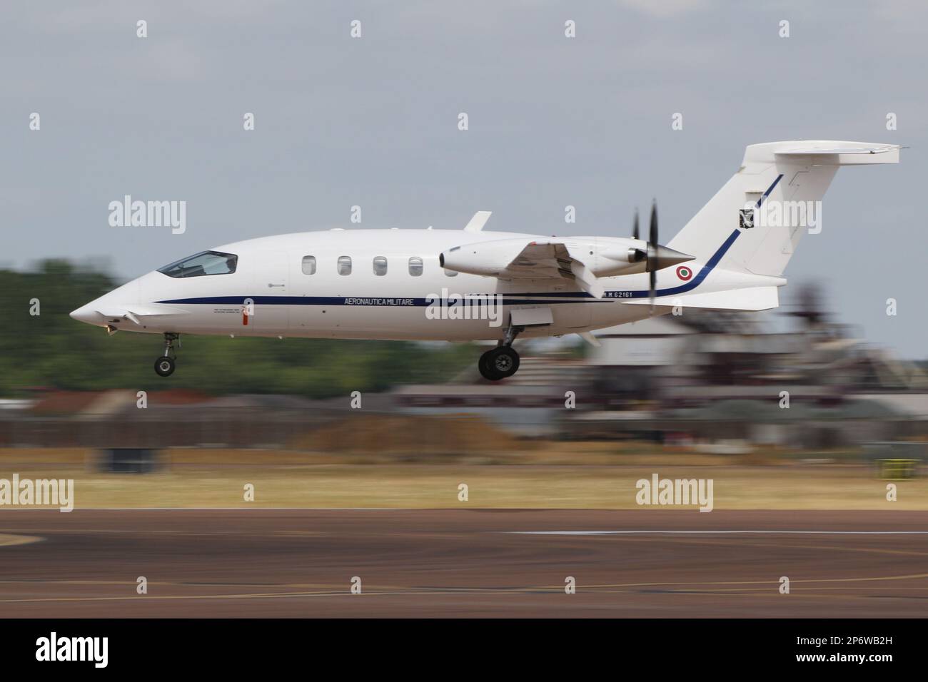 MM62161, a Piaggio P.180AM Avanti operated by the Italian Air Force, arriving at RAF Fairford in Gloucestershire, England, for the Royal International Air Tattoo 2022. Stock Photo