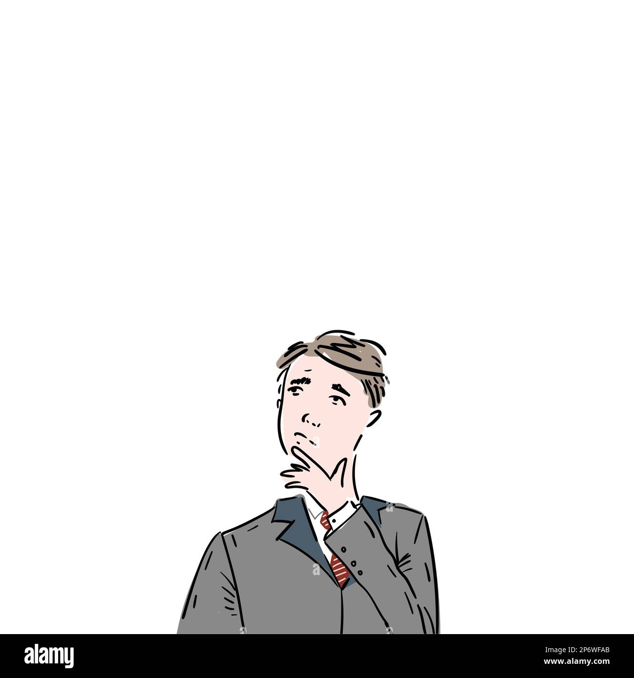 Businessman in gray suit watching up and thinking about important