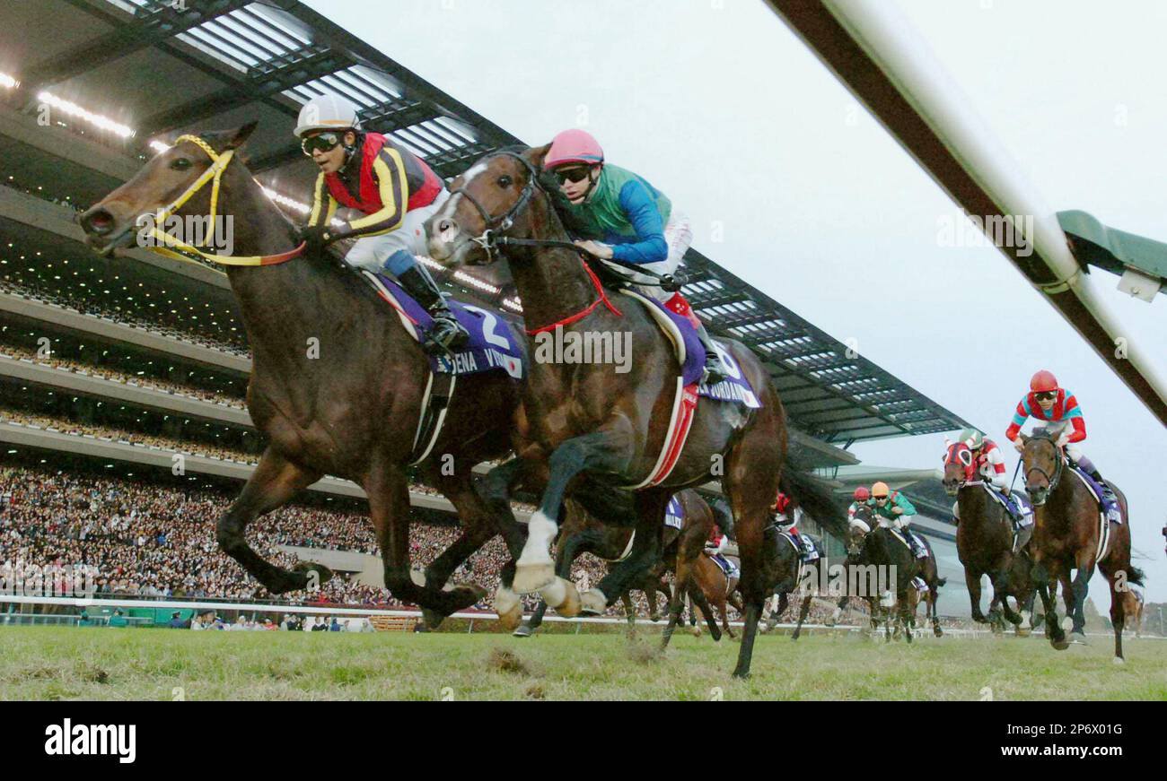 Japanese jockey Yasunari Iwata, white cap, guides Japanese entry Buena
