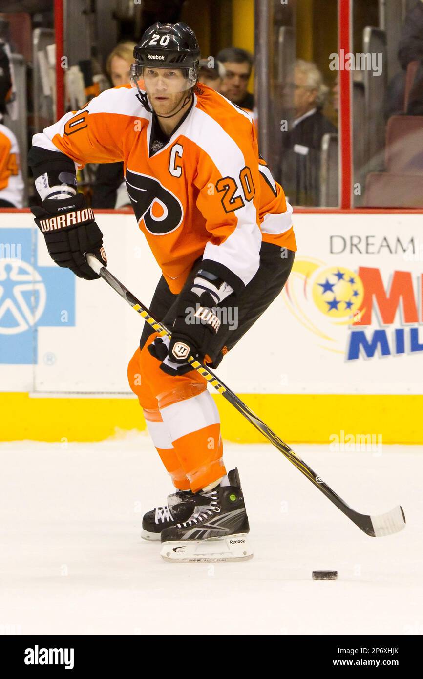 Chris Pronger of the Philadelphia Flyers skates with the puck