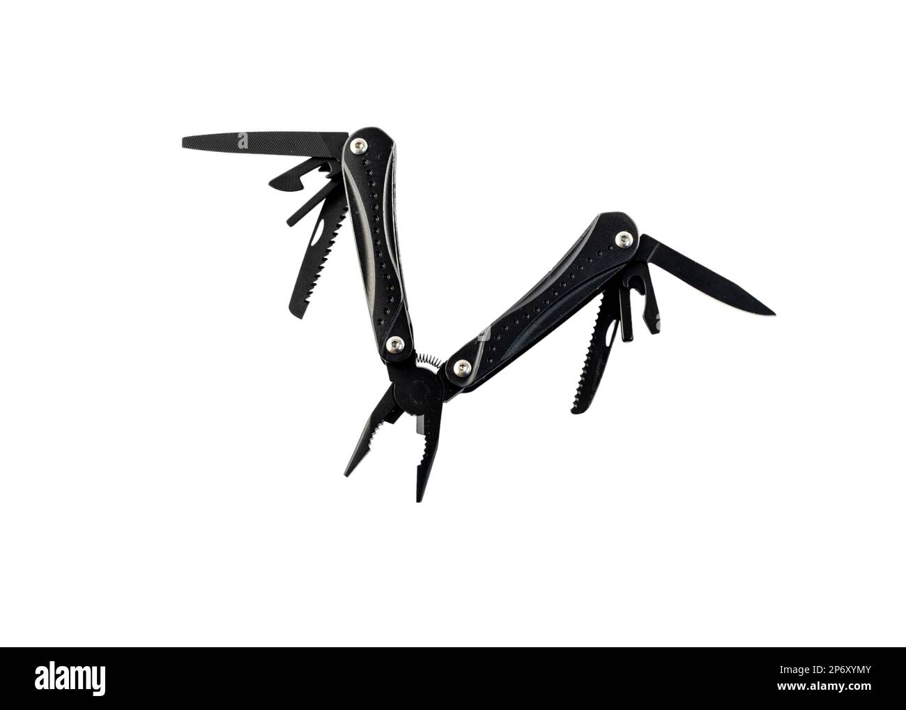 Multipurpose swiss knife tool closeup view isolated on white background