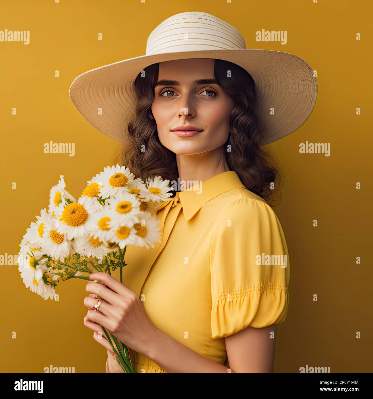 Portrait of stylish woman in yellow dress and straw hat holding daisy