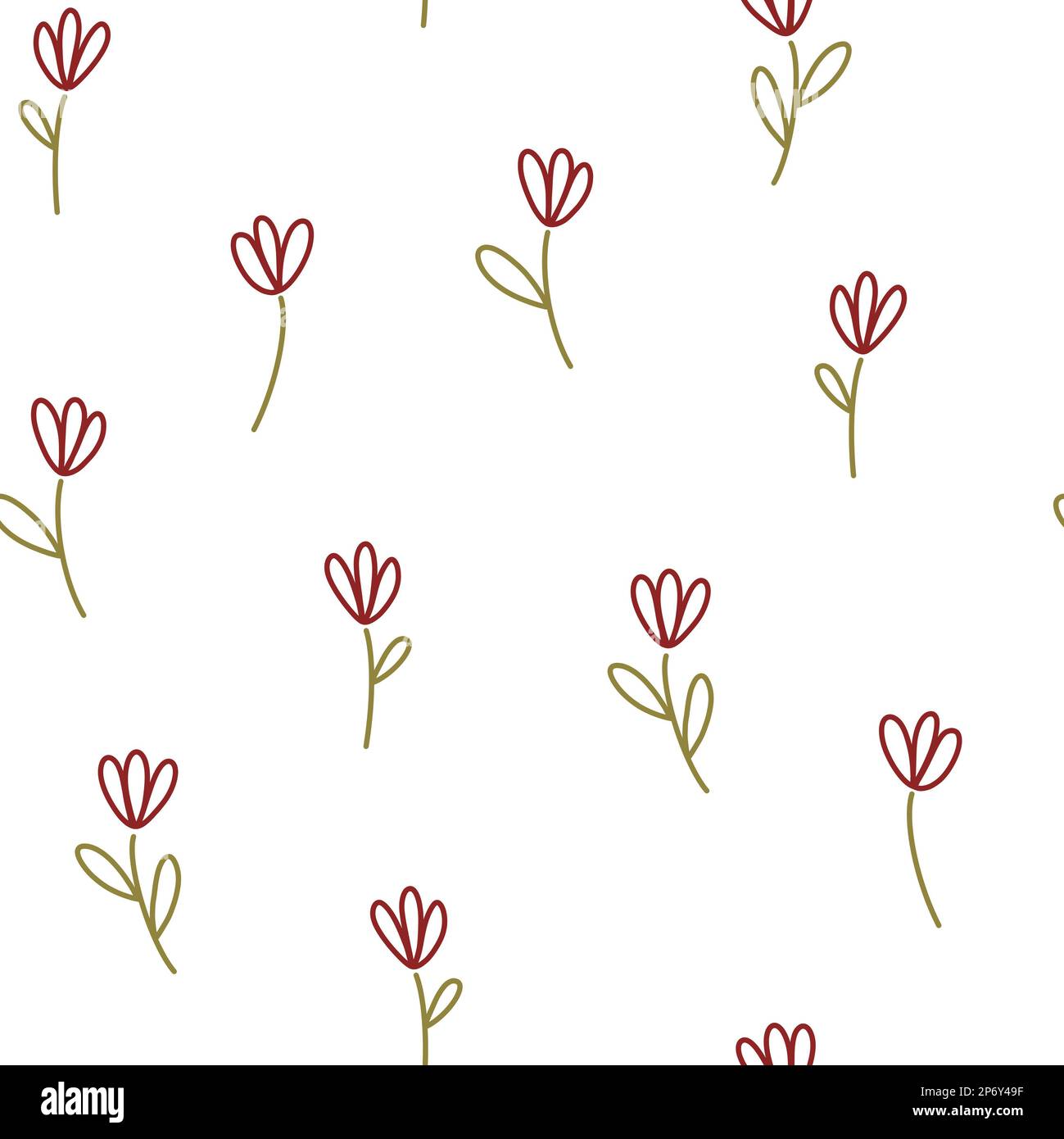 Hand drawn scribbled tulips on white background. Childrens doodle floral all over print. Spring small lowers on white background Stock Photo