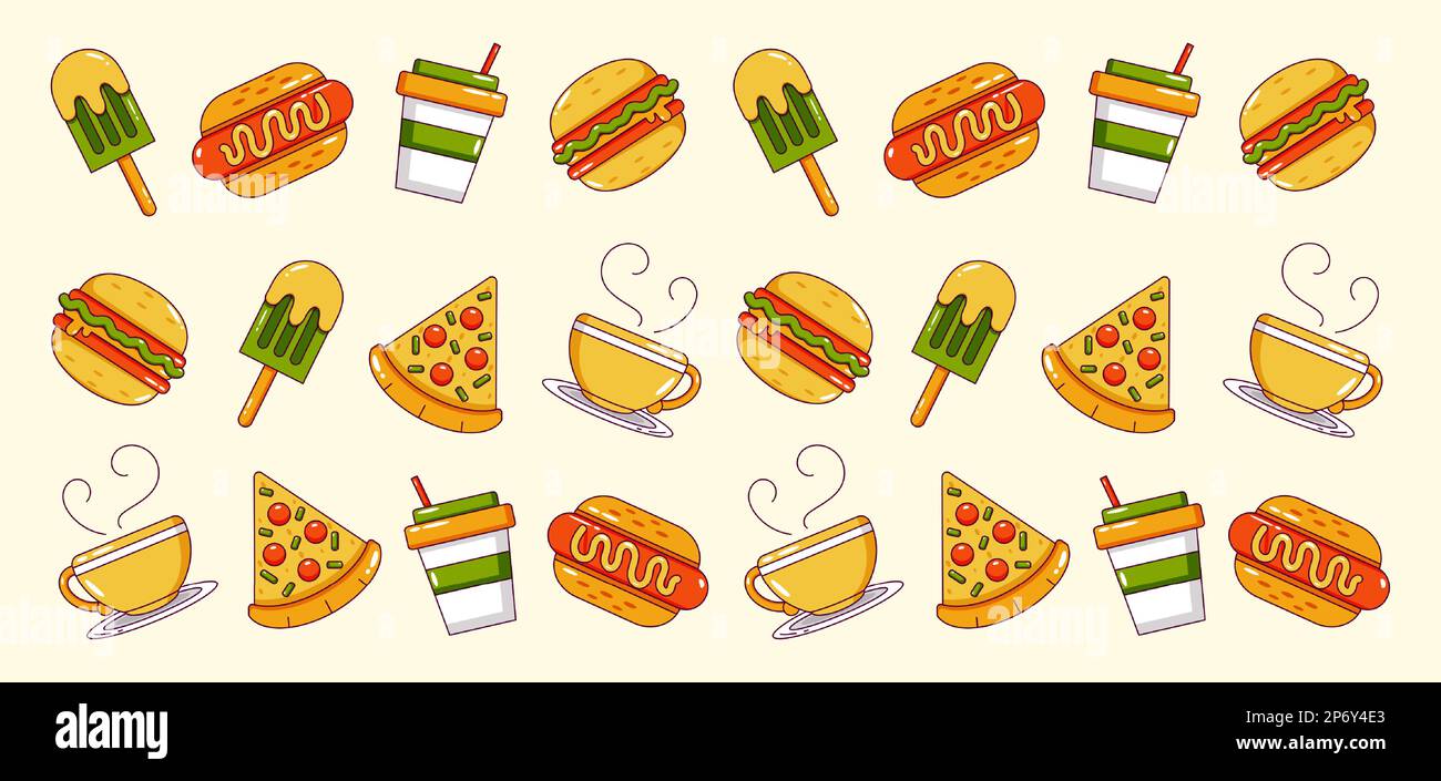 Food and Drink. Hotdog, burger, pizza, coffee and ice cream icon pattern Stock Vector