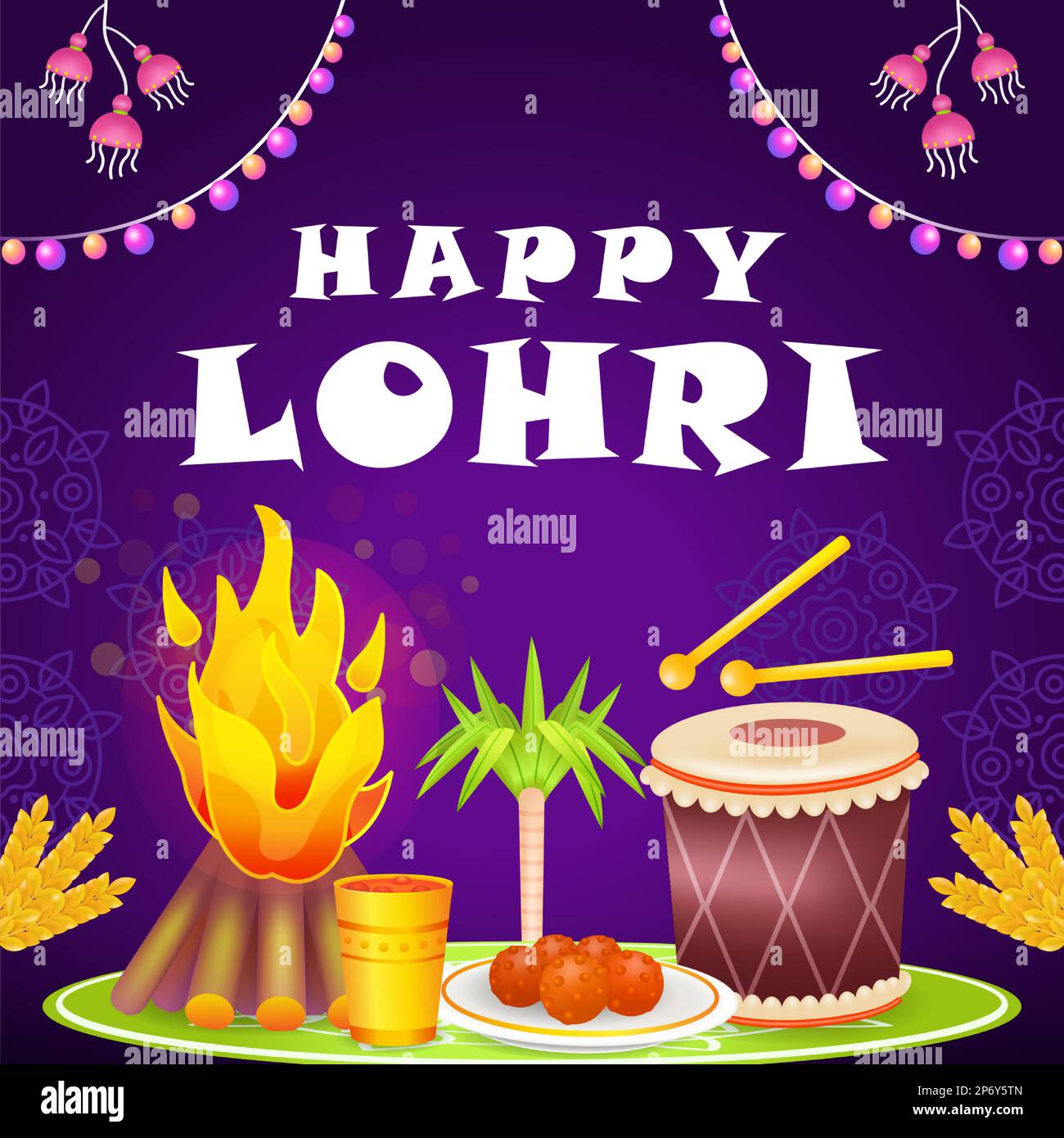 Happy Lohri. 3d illustration of bonfire, drum, sugarcane, food and drink Stock Vector