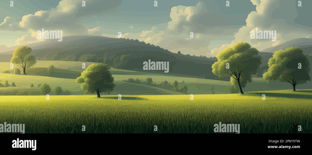 Vector illustration of beautiful summer fields Landscape with sunrise ...