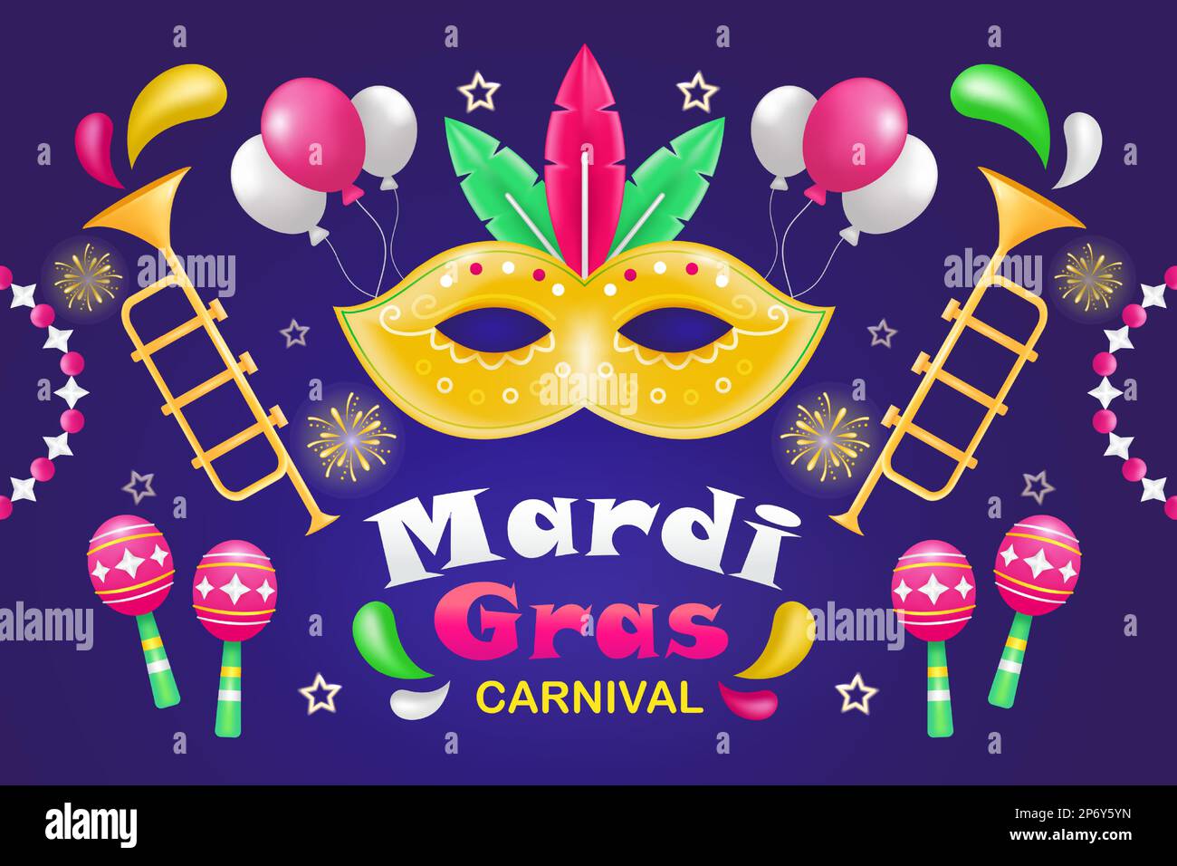 Mardi Gras Carnival. illustration of 3d masks, maracas, trumpets and