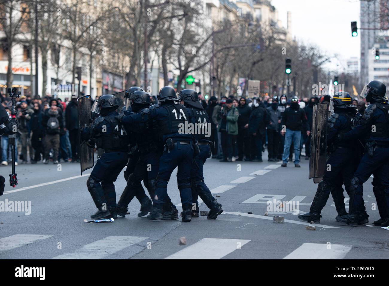 Paris, France. 07th Mar, 2023. Riot police officers intervene during ...