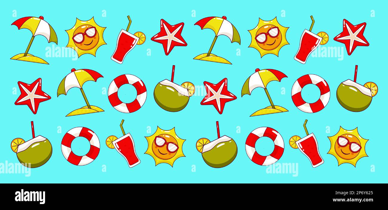 Summer holiday. Sun, coconut water, umbrella, float and juice icon pattern Stock Vector