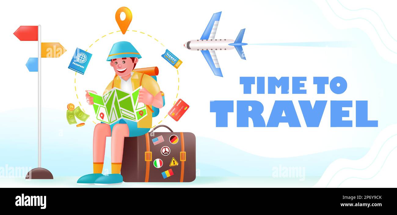 Time to Travel, 3d illustration of man sitting on suitcase looking at flight destination Stock Vector