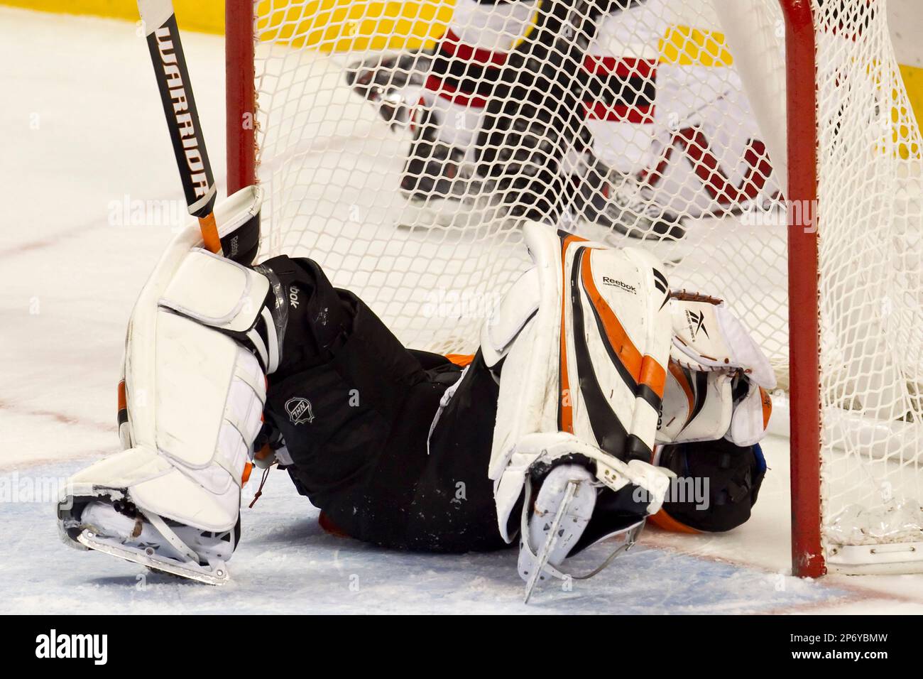 November 3, 2011: Philadelphia Flyers goalie Sergei Bobrovsky (35) flat on  his back after giving up the third goal to New Jersey Devils right wing  David Clarkson (23) during the NHL game