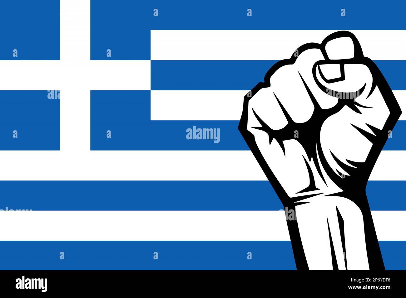 Protest in Greece. Rally in Greece. Greece flag and silhouettes with fists Stock Photo