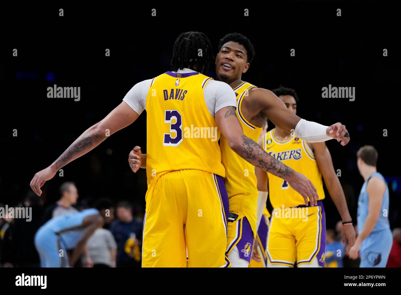 Los Angeles Lakers' Anthony Davis (3) and Rui Hachimura (28) chest bump  during the second half of an NBA basketball game against the Memphis  Grizzlies Tuesday, March 7, 2023, in Los Angeles. (