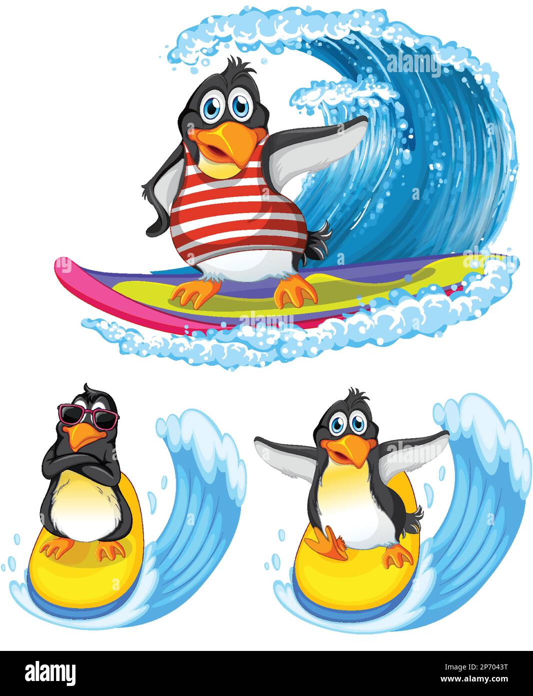 Penguin Cartoon Characters in Summer Theme illustration Stock Vector ...
