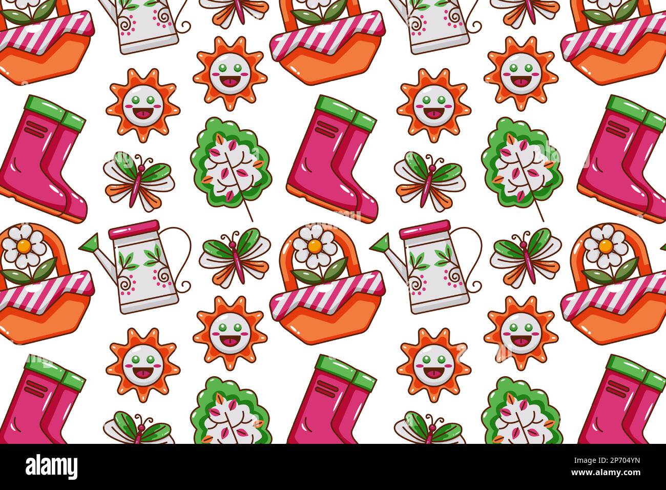 Spring icon pattern. Flowers, insects, gnomes and birds Stock Vector
