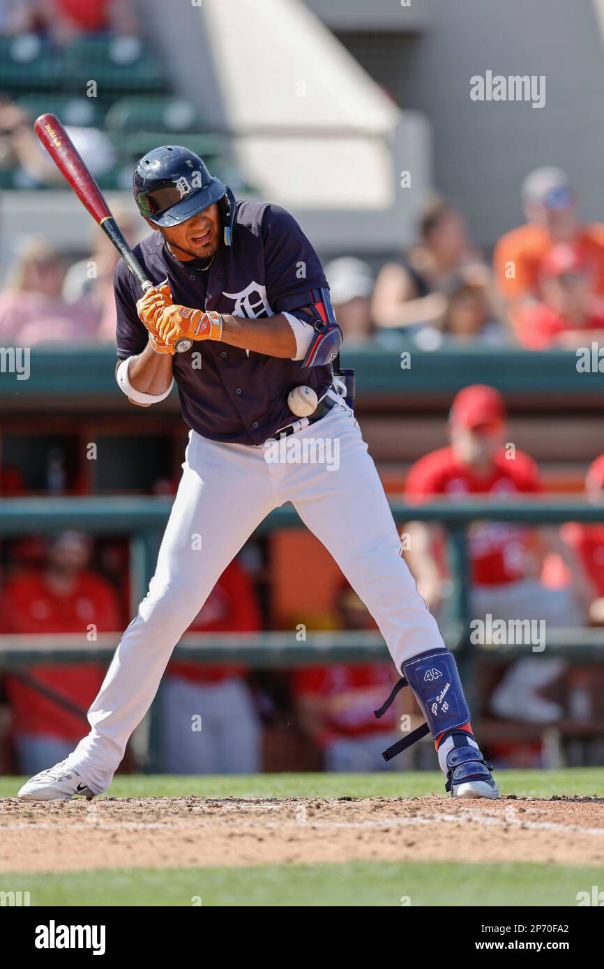 Lakeland FL USA; Detroit Tigers infielder Jermaine Palacios (72) is hit by a pitch during an MLB spring training game against the St. Louis Cardinals Stock Photo