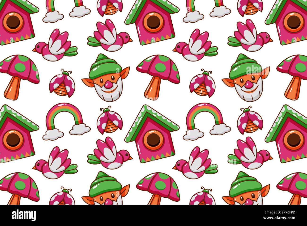Spring icon pattern. Flowers, insects, gnomes and birds Stock Vector