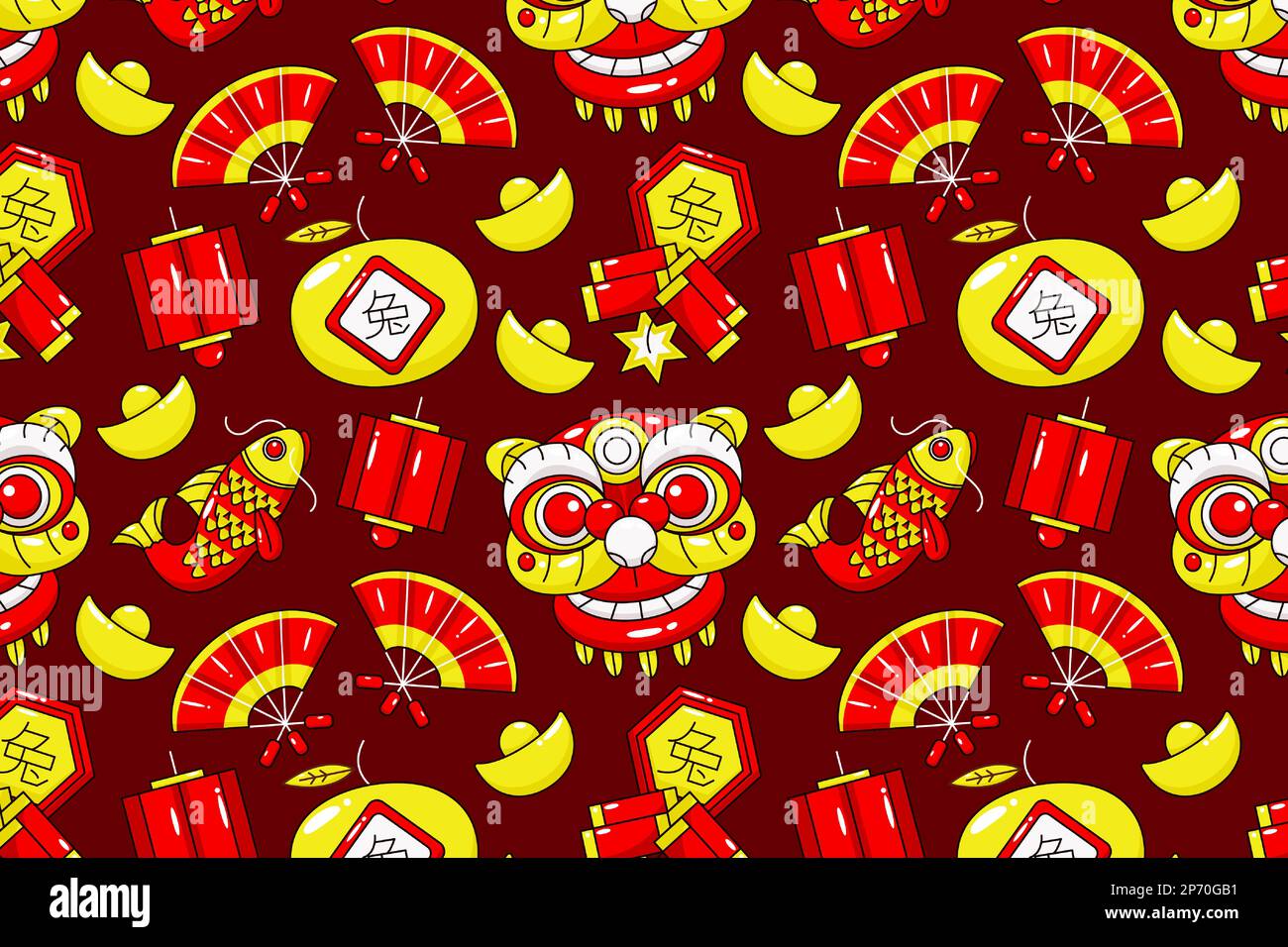 Chinese new year icon pattern. Dragons, lanterns, gold, koi fish and firecrackers Stock Vector