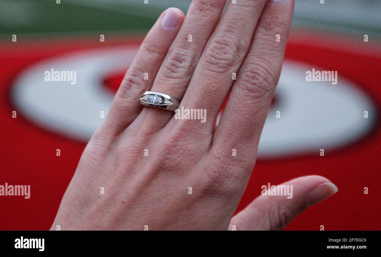 in this tuesday oct 11 2011 photo abbey zellers shows her engagement ring after her boyfriend johnny wakefield proposed to her at the 50 yard line in ohio stadium in columbus ohio wakefield a university of michigan football fan paid 150 to use the stadium to propose to his girlfriend an ohio state fan ap photothe columbus dispatch jonathan quilter 2P70GC6