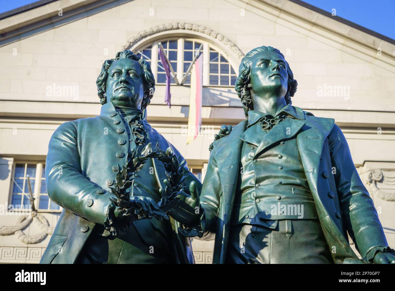 Weimar, Germany. 28th Feb, 2023. The Goethe-Schiller Monument, a bronze ...