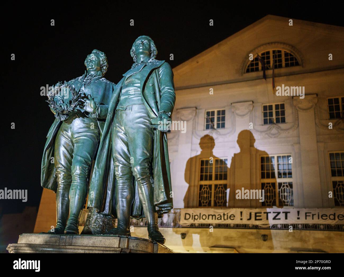 Weimar, Germany. 27th Feb, 2023. The Goethe-Schiller Monument, a bronze ...