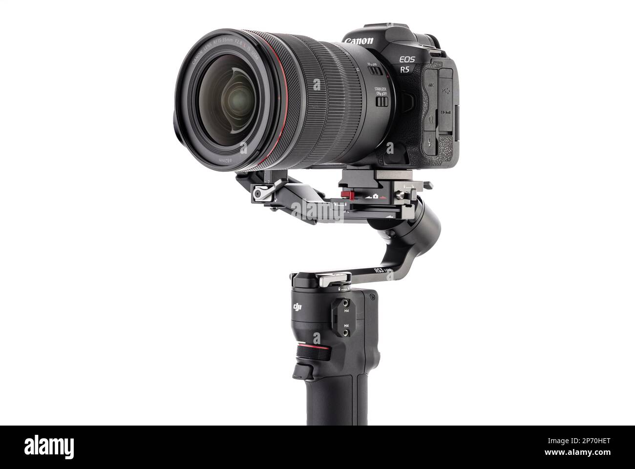 Varna, Bulgaria - February 17 ,2023: Canon R5 and DJI Ronin 3 mini is Three-Axis Motorized Gimbal Stabilizer for DSLR or Mirrorless Cameras manufactur Stock Photo