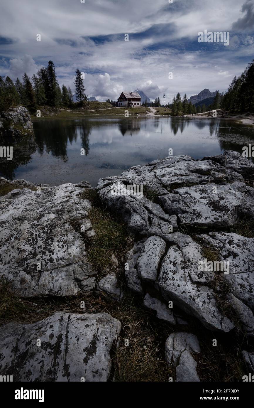 Picture of Hut Rifugio Palmieri and Lake Croda da Lago, Cortina d'Ampezzo, Italy Stock Photo