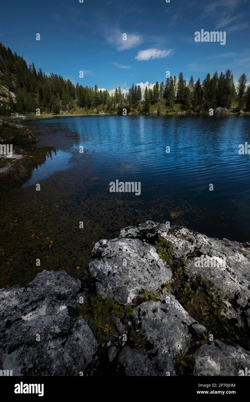 Picture of Hut Rifugio Palmieri and Lake Croda da Lago, Cortina d'Ampezzo, Italy Stock Photo