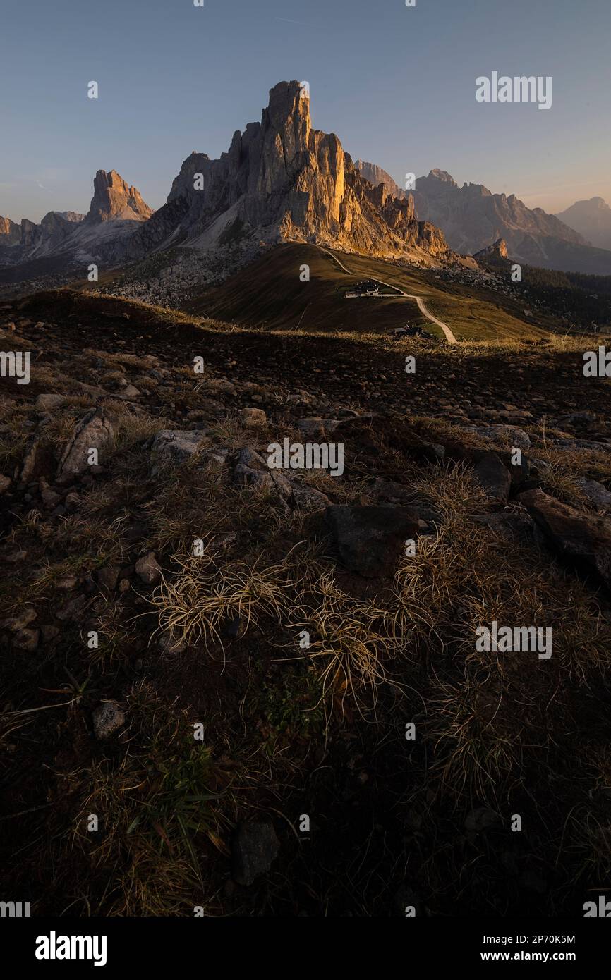 Picture of Mount Ra Gusela at sunrise at the beginning of fall, Cortina d'Ampezzo, Italy Stock Photo