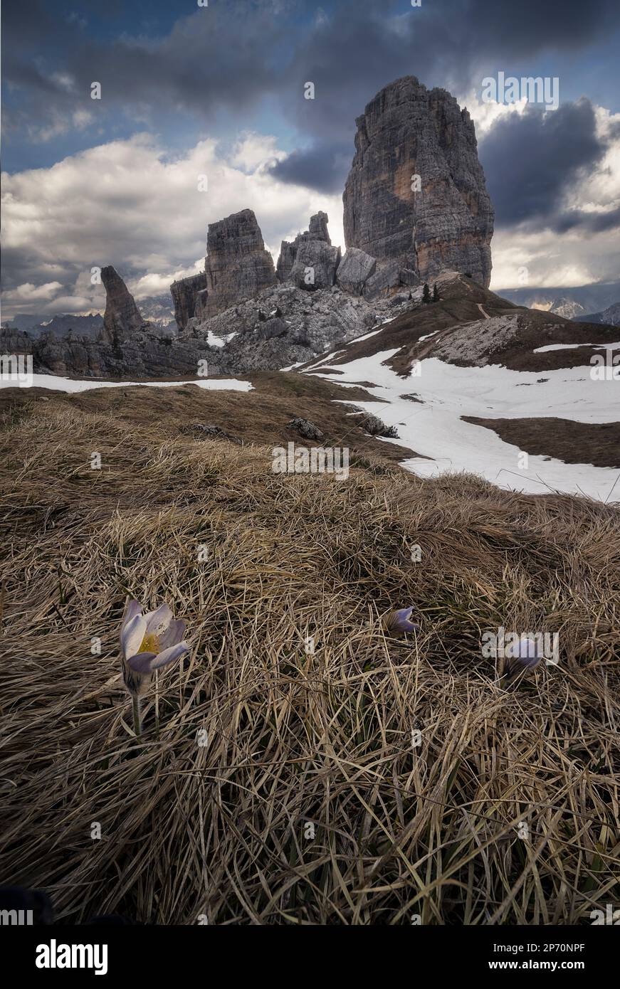 Cinque Torri rock formation in Cortina d'Ampezzo, Italy in late spring Stock Photo