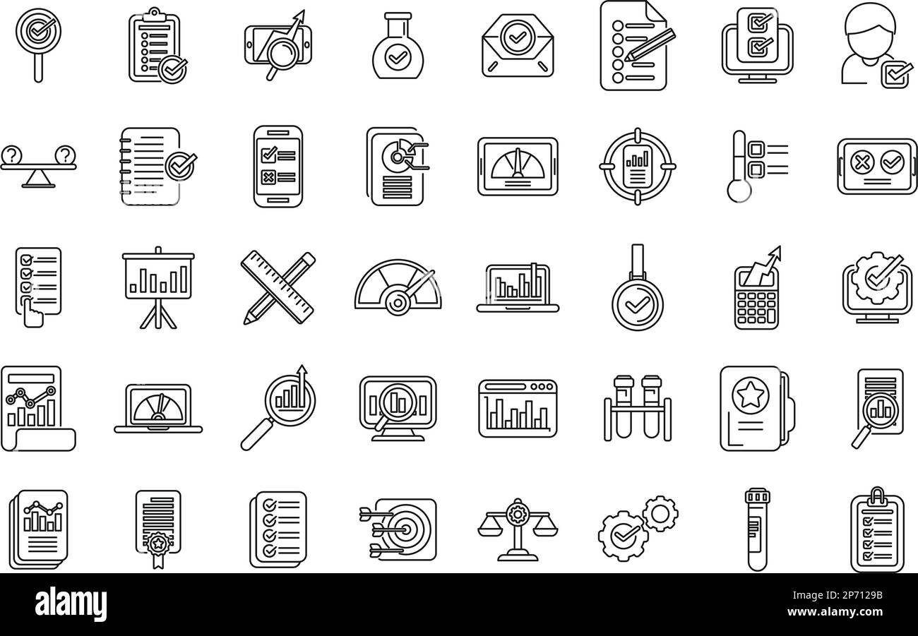 Benchmark testing icons set outline vector. Aspekt development. Expertise rating Stock Vector