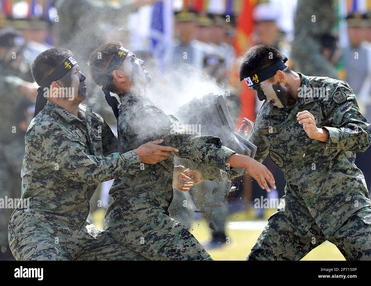 South Korean Special Army soldiers perform martial arts during a ceremony to mark the 63rd Korea