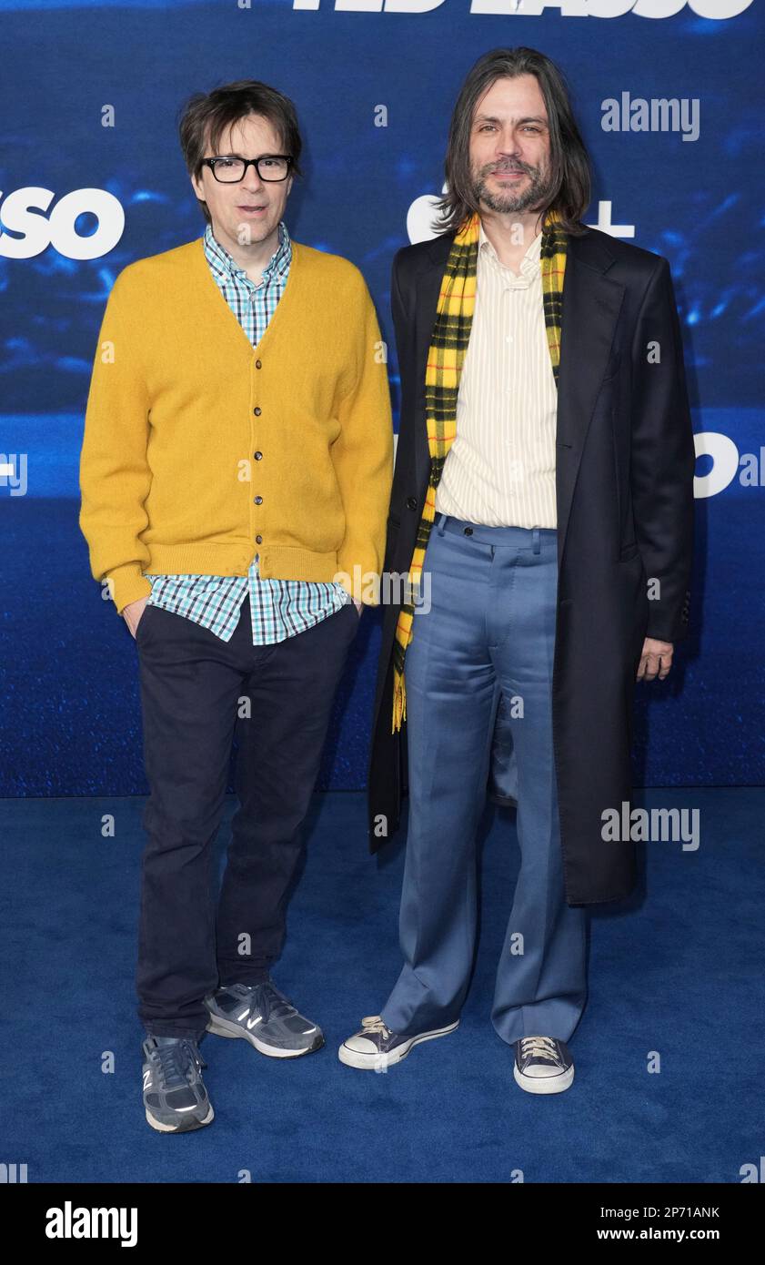 Rivers Cuomo, left, and Brian Bell of the band Weezer arrive at the