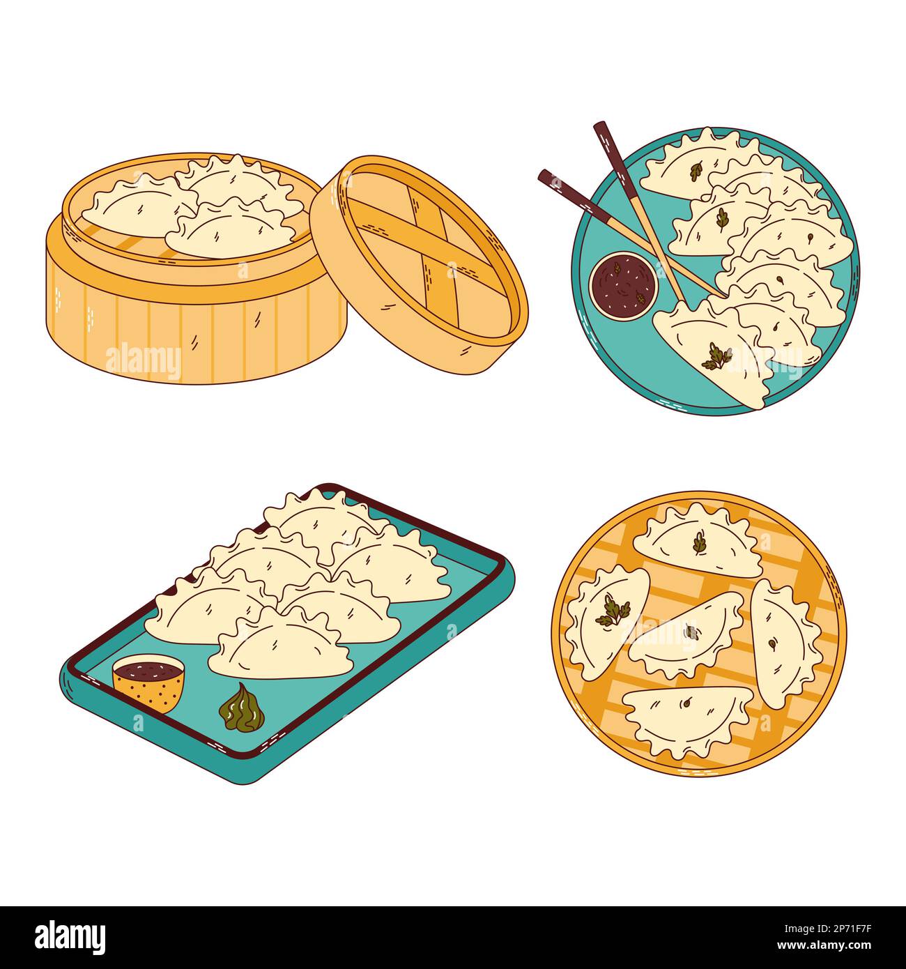 Traditional Japanese food. Asian dumplings in bamboo steamer basket. Vector illistration Stock