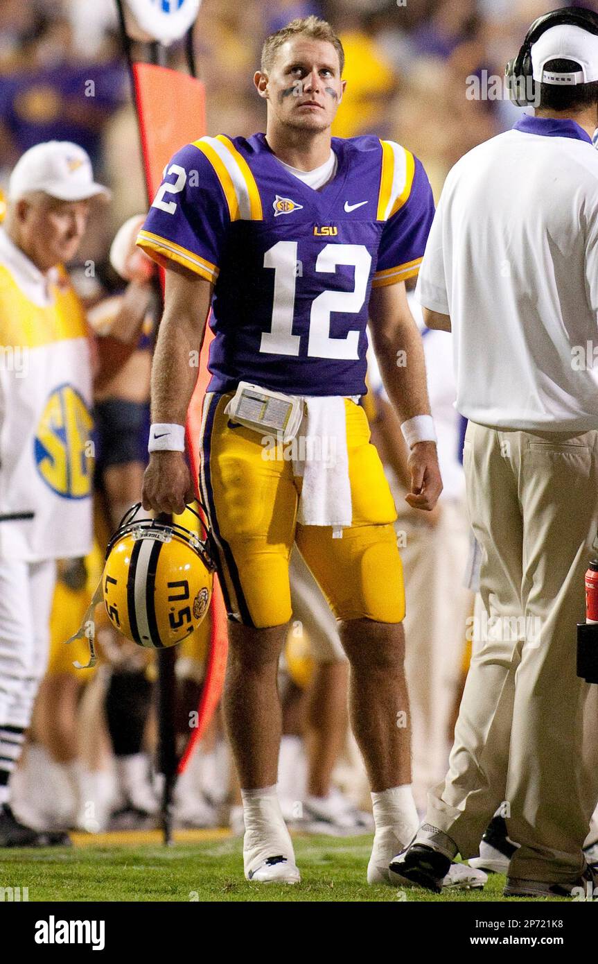 September 10, 2011: LSU Tigers quarterback Jarrett Lee #12 during the NCAA Football game between the Northwestern St. Demons and the Louisiana State University Tigers at Tiger Stadium in Baton Rouge, Louisiana. (Cal Sport Media via AP Images) Stock Photo